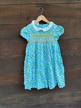 Mini Boden Aqua Floral Smocked Dress with Lace Collar